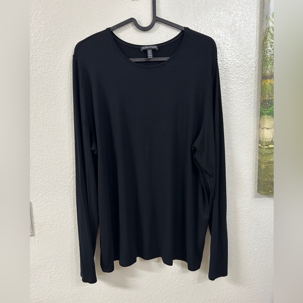 Eileen Fisher High Low Long-sleeve Tunic Top Black, Size XL